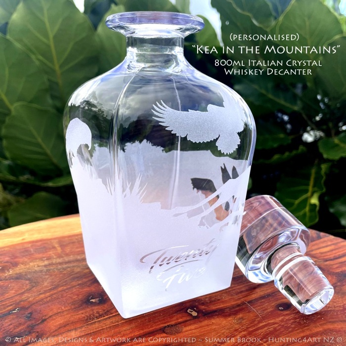 Kea in the Mountains NZ alpine parrot custom engraved glass whisky bottle by Summer Brook