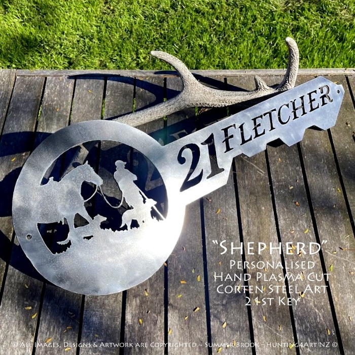 "Shepherd" Handcrafted Corten Steel Metal Art Personalised 21st Key
