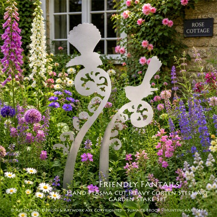 "Friendly Fantails" Handcrafted Corten Steel Art - 2 Piece Garden Stake Set