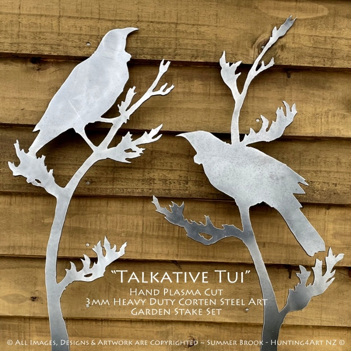 "Talkative Tui" Handcrafted Corten Steel Art - 2 Piece Garden Stake Set