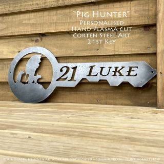 "Pig Hunter" Handcrafted Corten Steel Metal Art Personalised 21st Key