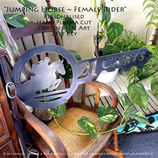 "Jumping Horse - Female Rider" Handcrafted Corten Steel Metal Art Personalised 21st Key